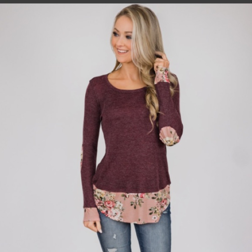 Floral Elbow Patch Top- Heathered Plum